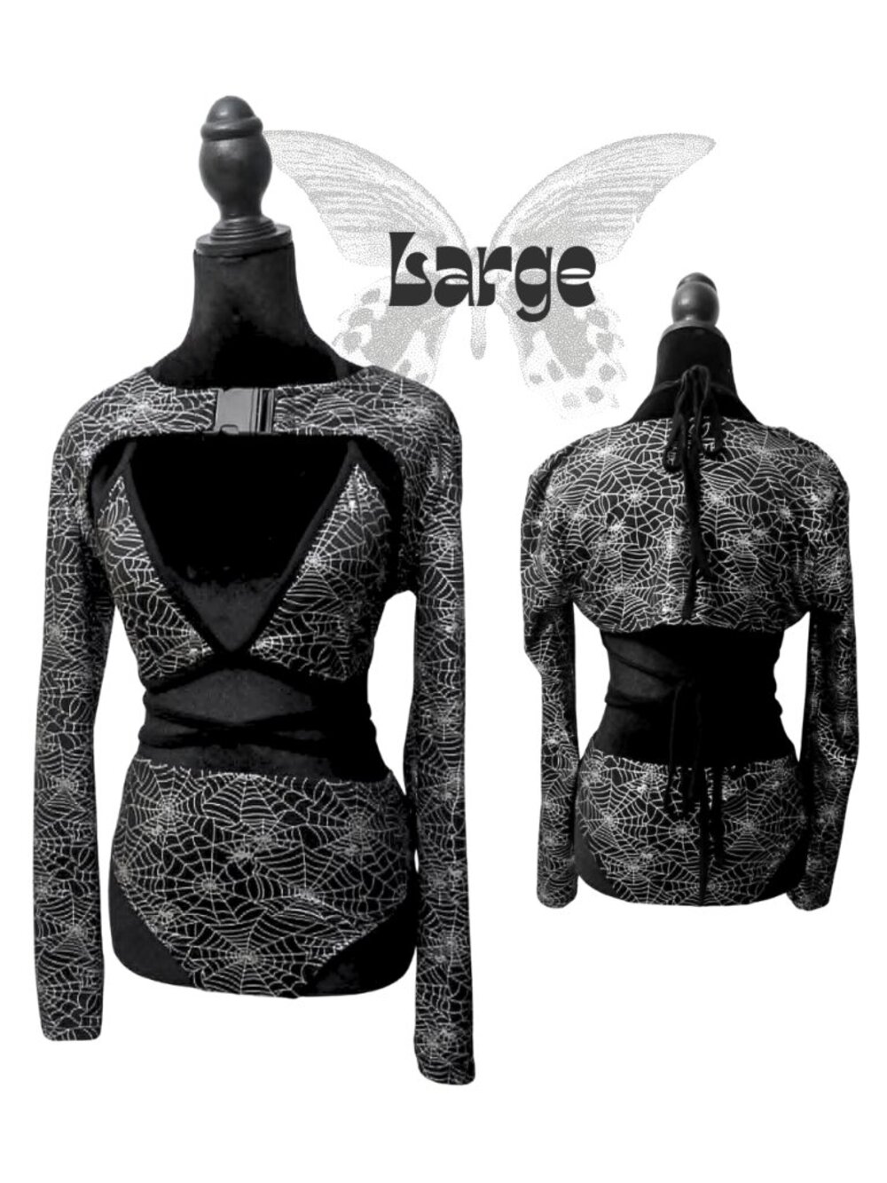 3 Piece Spiderweb Buckle Rave Set Goth Festival Outfit Black Large